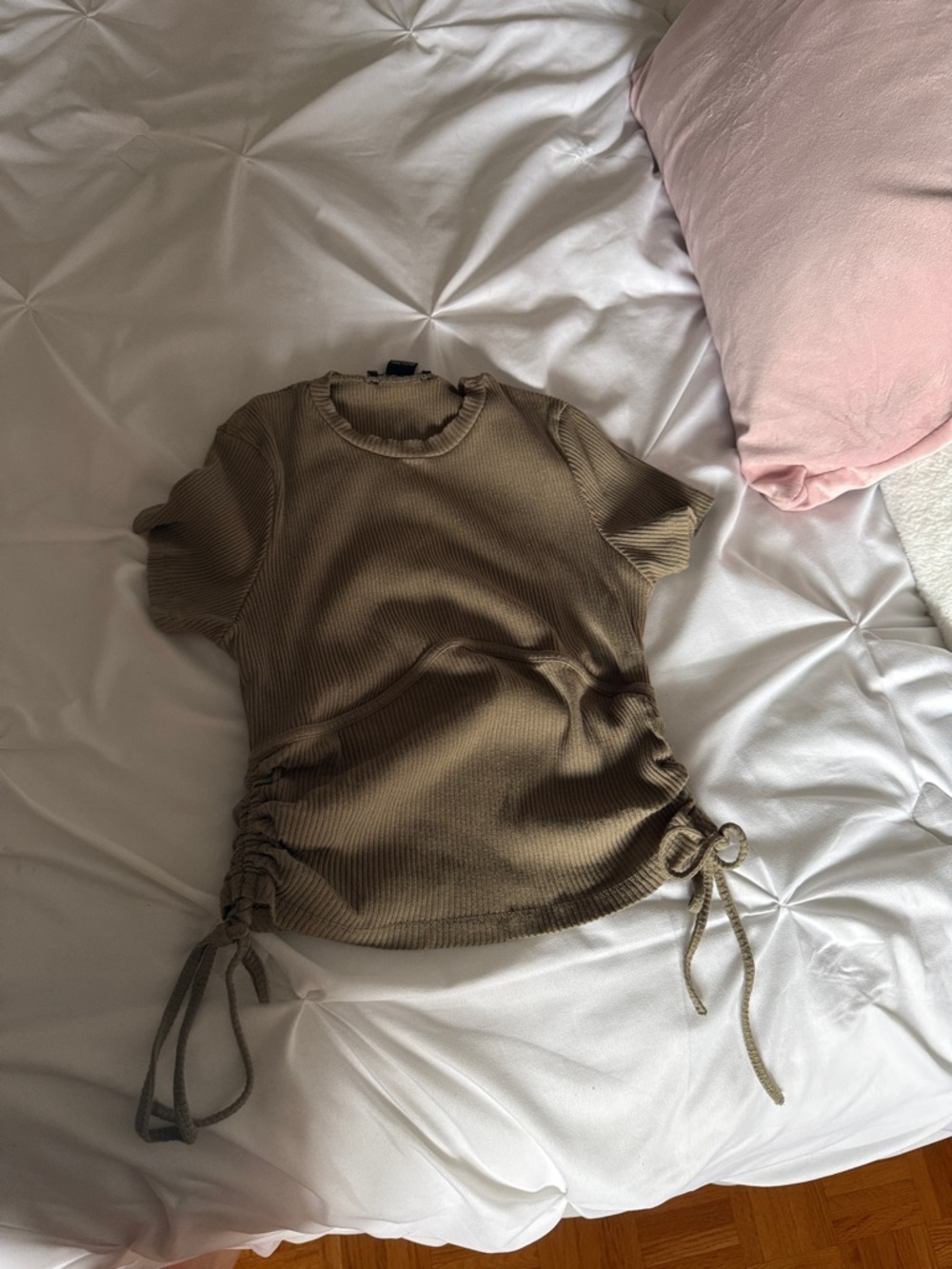 Forever 21 Olive Ribbed Short Sleeve Drawstring Top